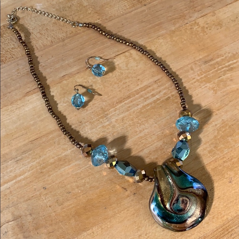 Copper Turquoise Blue Earring and Necklace Set